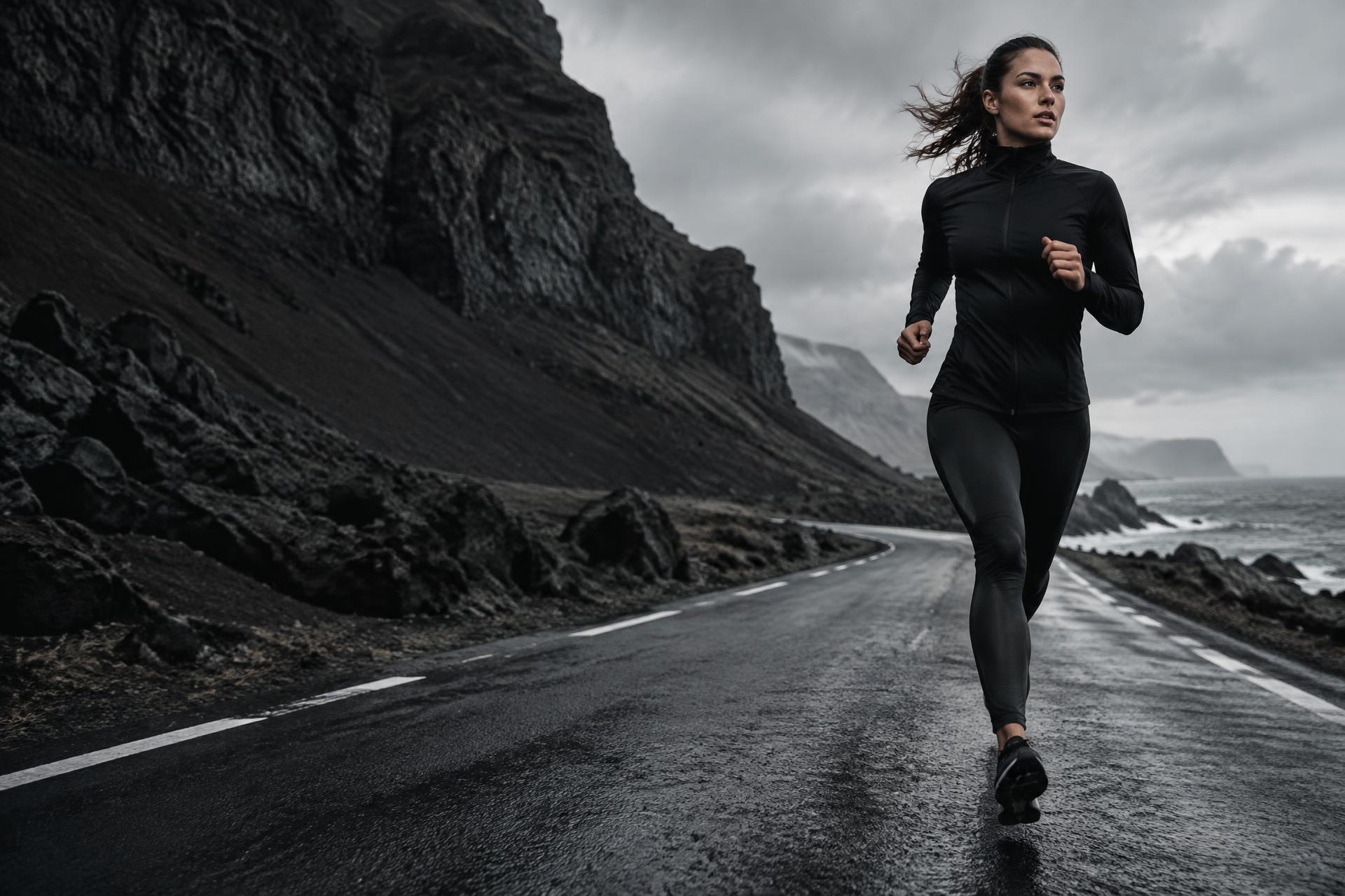 Athlete running along a Nordic coastline